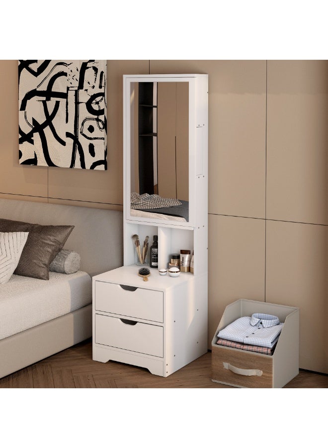 Dressing Table with Mirror, Bedside Table with Full Length Mirror, Makeup Vanity with 2 Storage Drawers, Open Shelves & Hidden Jewelry Organizer for Bedroom & Dressing Room, CT053, White - Image 3
